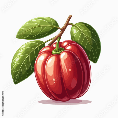 Computer-generated image of a  vibrant, round red fruit with lush green leaves on a twig,  perfectly isolated against a white background.  