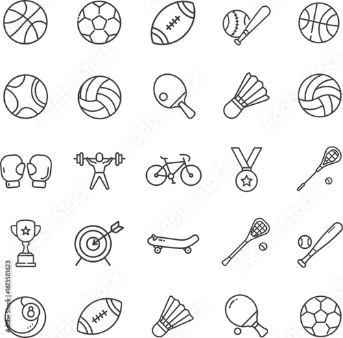 Sport Icons Set. Flat and Line Style Ball Symbols, Soccer Ball, Basketball, Baseball, Tennis Ball, Volleyball, Football, Golf Ball. Sports Equipment Vector Illustrations