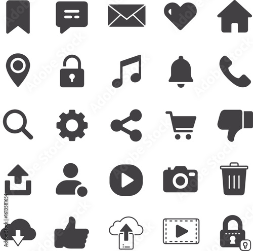 Basic User Interface Icon Set, Flat Style UI Symbols, Navigation Buttons, Settings Menu, User Profile, Search Bar, Notification Bell, Control Panel, Interface Elements Vector