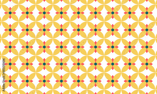 Seamless colorful geometric floral patterns with symmetrical repeating shapes suitable for backgrounds and textile designs