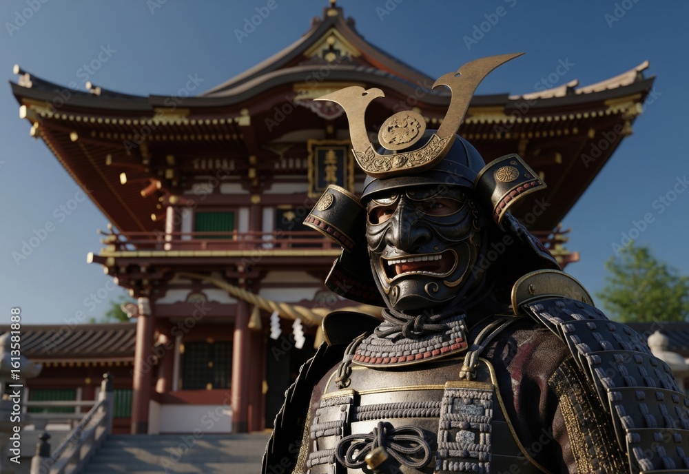 Obraz premium Samurai in Armor Standing in Front of a Majestic Japanese Temple