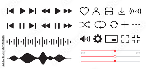 set of Black and white media control icons vector with transparent PNG background, multimedia interface buttons including play pause rewind skip forward settings volume sliders shuffle loop