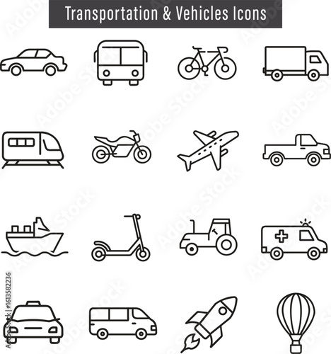 Transportation Icon Set. Flat Vector Icons of Car, Bus, Bike, Train, Airplane, Ship, Scooter, Taxi, Delivery Van, and Travel Modes. vehicle icon set vector illustration
