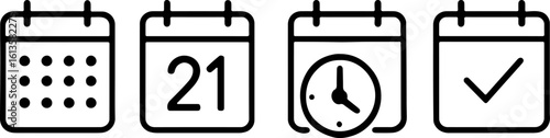 Four distinct calendar icons representing scheduling a specific date time and a completed task silhouette