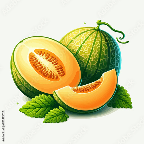 Digital illustration of a cantaloupe and its cut sections, with vibrant color,  set on a white background, emphasizing freshness and flavor.