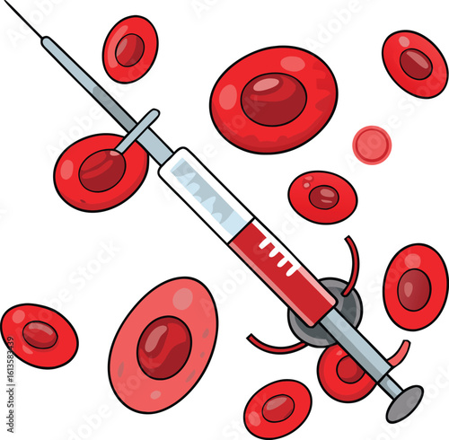 Red blood cells and medical syringe vector illustration