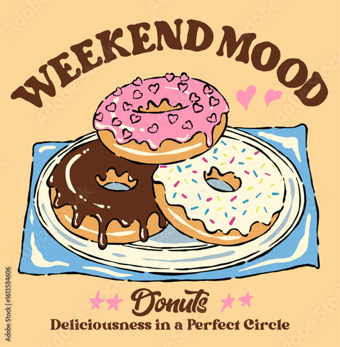 Always fresh and warm. Delicious donuts. Weekend atmosphere. Donut designs for t-shirts. Hand lettering for t-shirt designs. Crispy and delicious fast food artwork. Rainbow donuts.