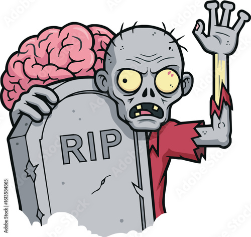 Cartoon zombie clutching a tombstone with a brain on it, reaching out.