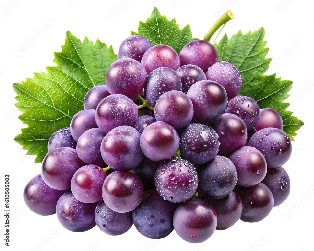 Fototapeta premium Fresh ripe purple grapes with green leaves isolated on a black background