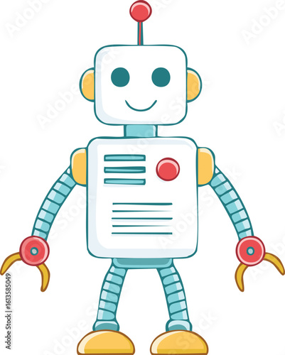 Friendly cartoon robot with a square body, smiling face, and antenna.