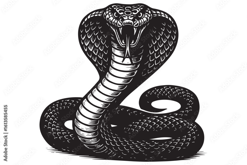 Fototapeta premium black and white venomous snake with spread hood, coiled cobra pose, intricate snake detailing, serpent tattoo design
