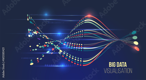 Modern big data visualization with wave of colored dots and binary code on dark blue background. Abstract information flow, digital transformation, data analysis, high-tech analytical concept.