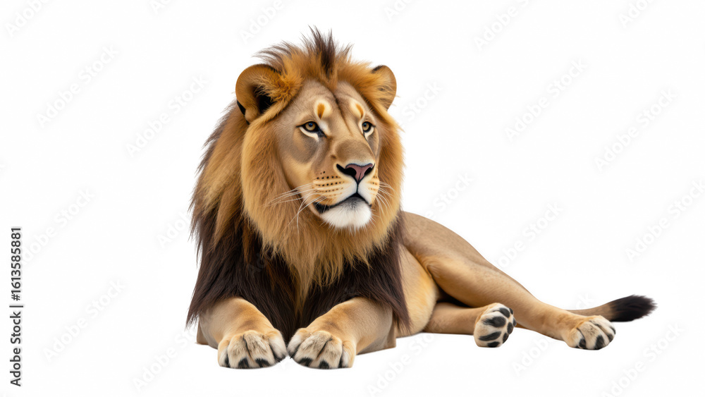 Fototapeta premium Majestic lion resting on ground, showcasing its impressive mane and powerful physique. animal exudes sense of calm and strength