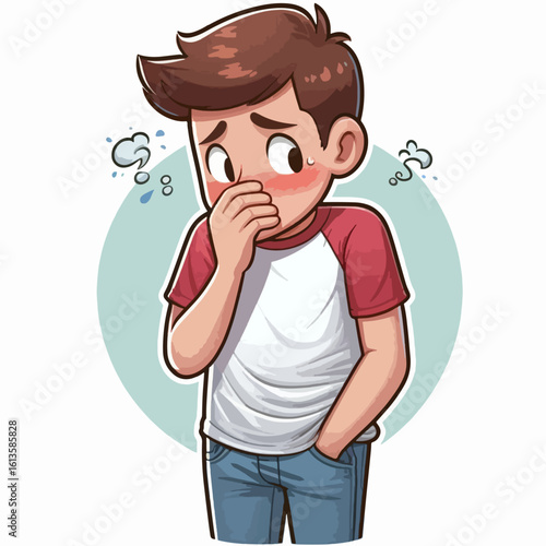 Cartoon illustration of a boy with a troubled expression, covering his nose, likely feeling anxious or embarrassed.