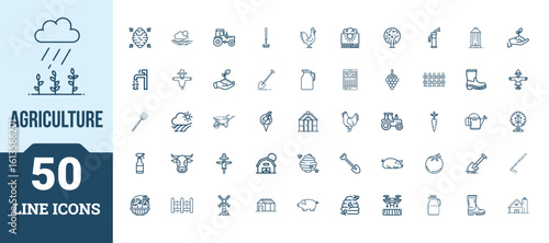 
Agriculture Vector Icon Set – Farming, Crops, Livestock, Tools, and Sustainability Symbols