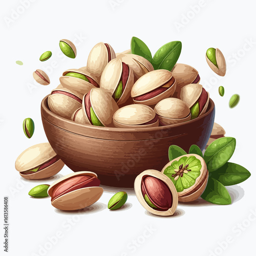 Digital illustration of a bowl brimming with pistachios, some whole and others split open, set against a plain white backdrop.  Fresh, vibrant colors and a realistic style accentuate the food.