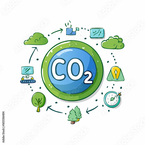 drawn carbon dioxide CO2 icon in doodle style. Mark point icon design collection for ecology design element