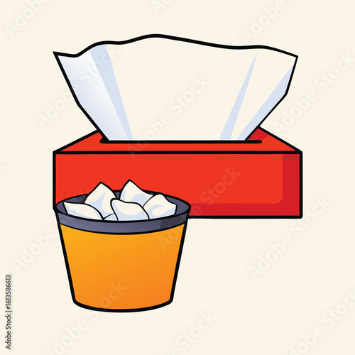 Red tissue box with crumpled tissues in orange bin white paper
