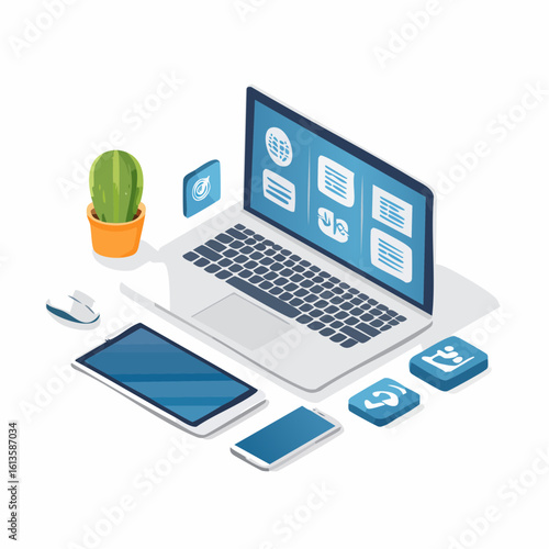 Computer technology isometric illustration. PC, laptop, phone on desk, tech symbols, design elements of apps