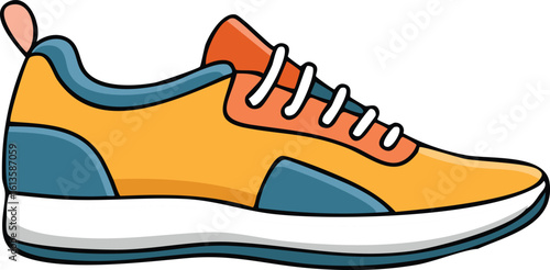 A vibrant, cartoon-style running shoe with orange, teal, and red accents.
