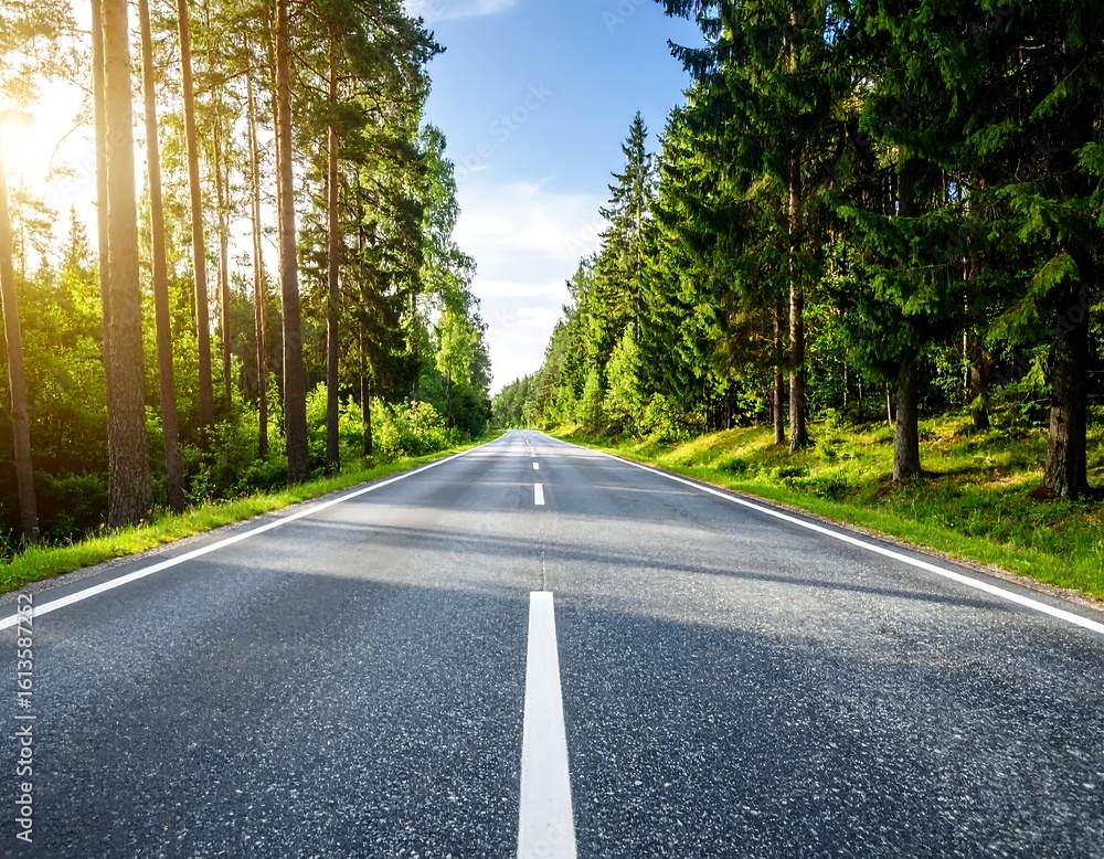 Fototapeta premium Empty road through a pine forest
