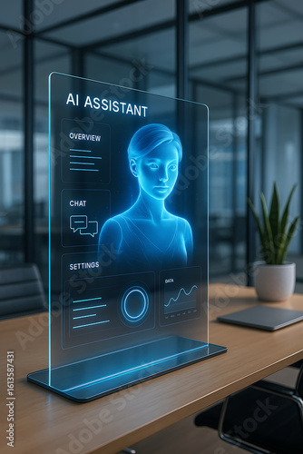 AI virtual assistant chatbot interface on modern desktop monitor inside contemporary tech office setup