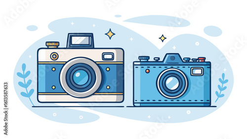 Photo Camera Icons in Outline and Solid Blue Vector Style