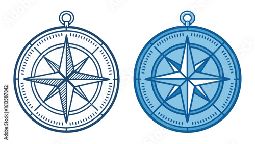 Compass Navigation Icon in Outline and Solid Blue Vector Style
