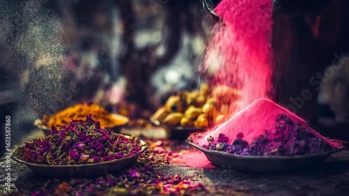 Colorful spices and flower petals on a market stall