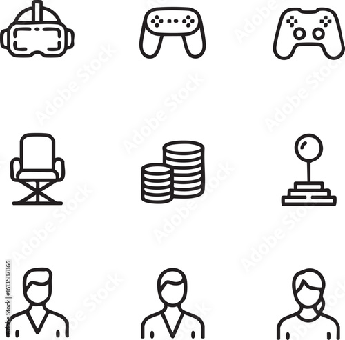 Gaming and business vector icon set outline style vr headset,gamepad,director chair,money,gearshift,business people,video games,success,industry,job,career,office