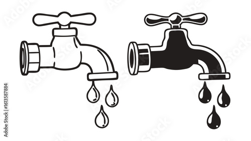 Water Faucet Icons with Drops in Outline and Solid Black Vector Style