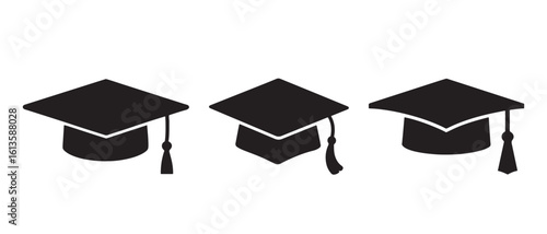 Three black graduation caps in silhouette style isolated on white background