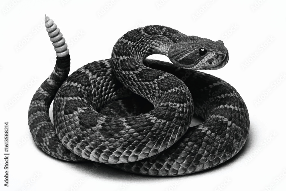 Obraz premium black and white rattlesnake poised to strike, rattler tail raised, detailed scales and sharp fangs, dangerous serpent art