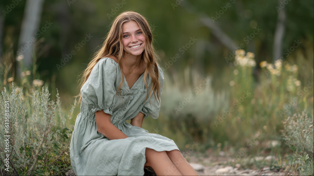 Obraz premium portrait of smiling model sitting gracefully in lush natural setting surrounded by greenery