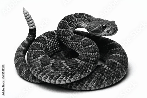 black and white rattlesnake poised to strike, rattler tail raised, detailed scales and sharp fangs, dangerous serpent art