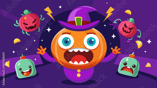 Cartoon halloween scene with a scared pumpkin wearing a witch hat and floating pumpkins and ghosts