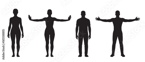 Four human figures in silhouette showing different poses and arm positions isolated on white background silhouette