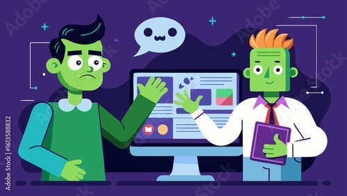 Two green skinned characters discussing a computer screen with a speech bubble above the screen