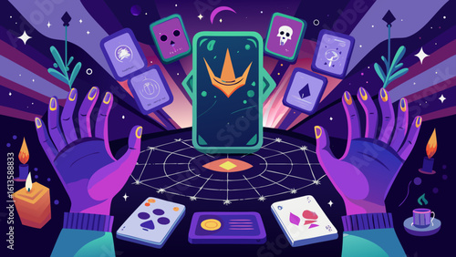Illustration showing hands with tarot cards candles and a mystical circle in a dark purple setting