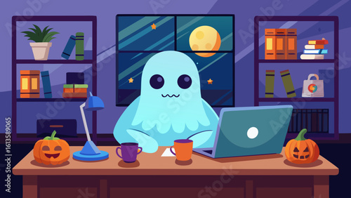 A cute ghost working at a desk with pumpkins, a laptop, and bookshelves in a spooky halloween scene