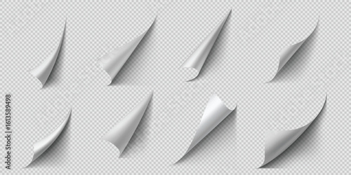 Set of paper curled corners of different shapes with shadows, on a transparent background.