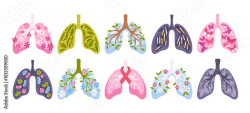 Human lungs decorative design elements set for world cancer day awareness vector illustration
