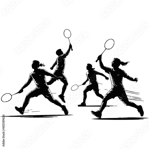 Dynamic vector silhouette of a group of badminton players in action during a match