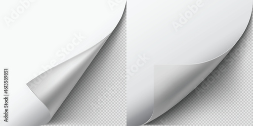 Curled paper corner, white paper page turning corner, realistic pages edge curl and bent sheet with shadow vector set