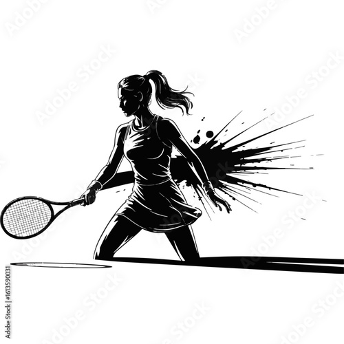 Vector silhouette of a powerful female tennis player with a grunge ink splash effect