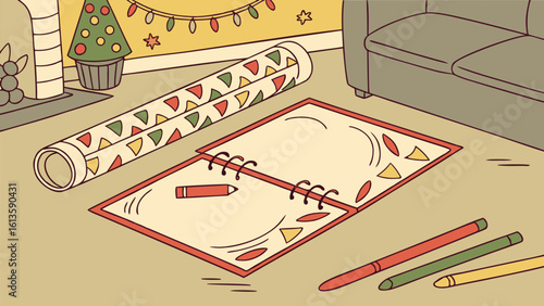 A cozy living room scene with christmas decorations and wrapping paper spread out on the floor area rug