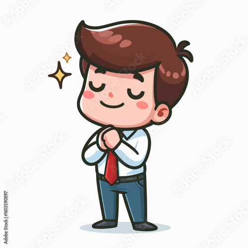 Cartoon depiction of a contented businessperson, hands clasped in front, radiating a sense of thankfulness.