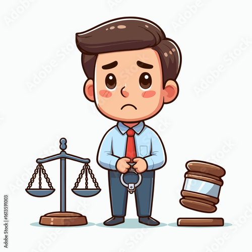 Cartoon depiction of a small,  discouraged individual in a business suit, surrounded by symbols of justice,  like a balance scale and a gavel.