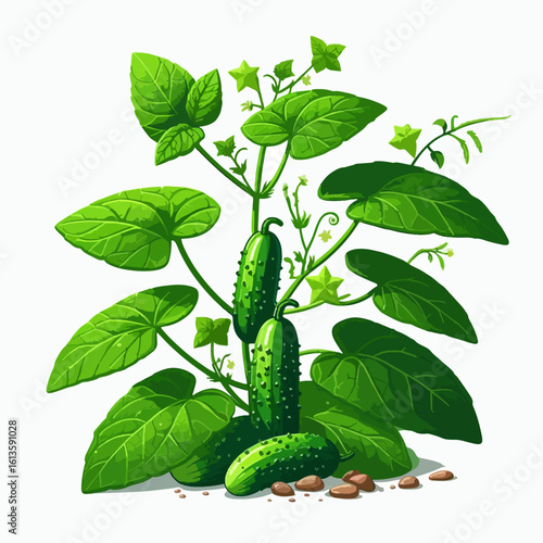 Detailed digital illustration of a cucumber plant with multiple cucumbers and lush foliage.  The plant and produce are presented in rich vibrant greens and browns on a white background.