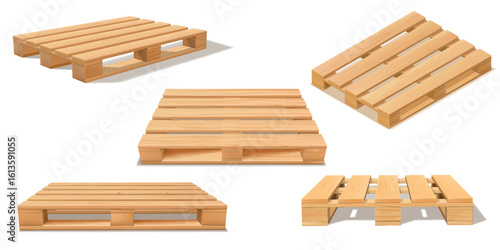 Wooden pallet view from different angles, realistic vector storehouse timber tray equipment for load and transport cargo